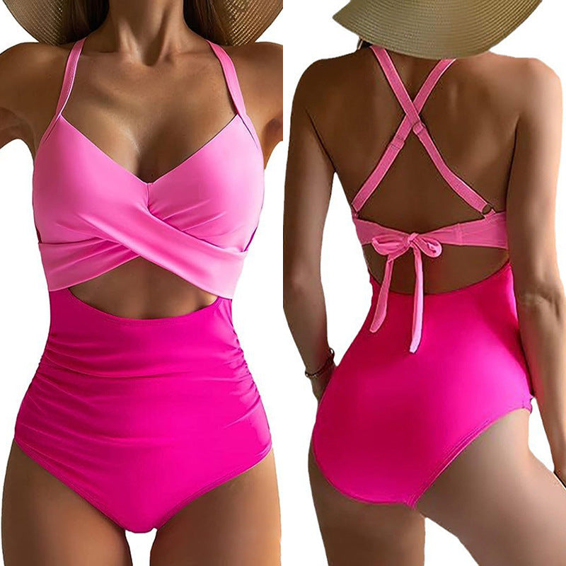 Color Matching One Piece Swimsuit Women Sexy Cross Bikini Beach Spring Swimsuit