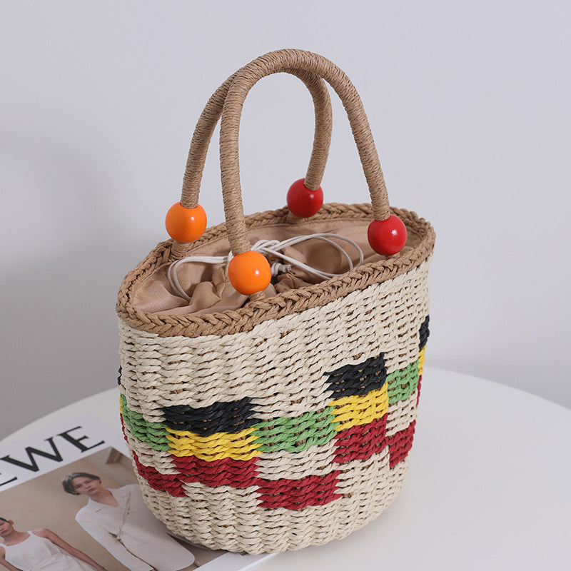 Cute Wooden Bead Portable Straw Weaved Bag Fresh Color Plaid Hand Carrying Woven Bag Fruit Picnic Basket Beach Bag