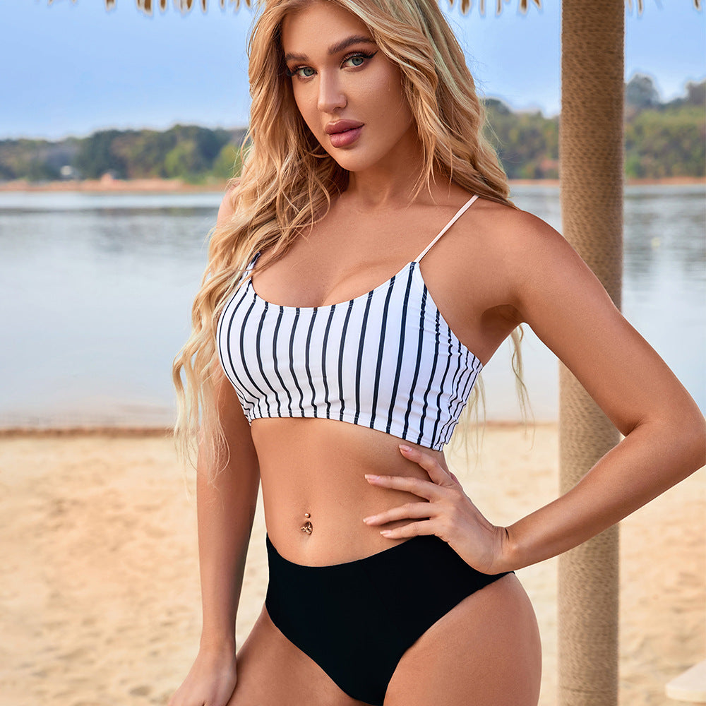 Swimwear Women High Waist Split Bikini Tight Swimsuit Striped Beach Vacation Bikini