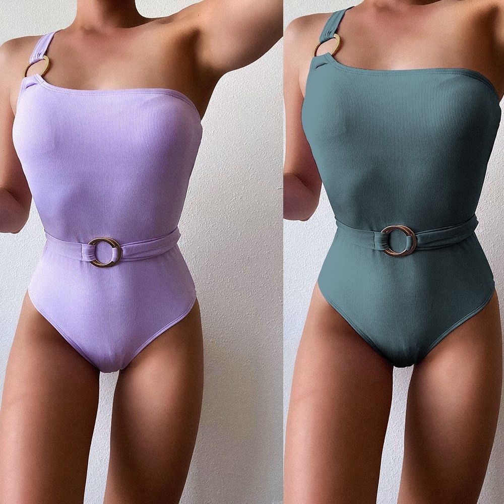 Sexy Solid Color One Shoulder Slim Thread Fabric Bikini Swimsuit