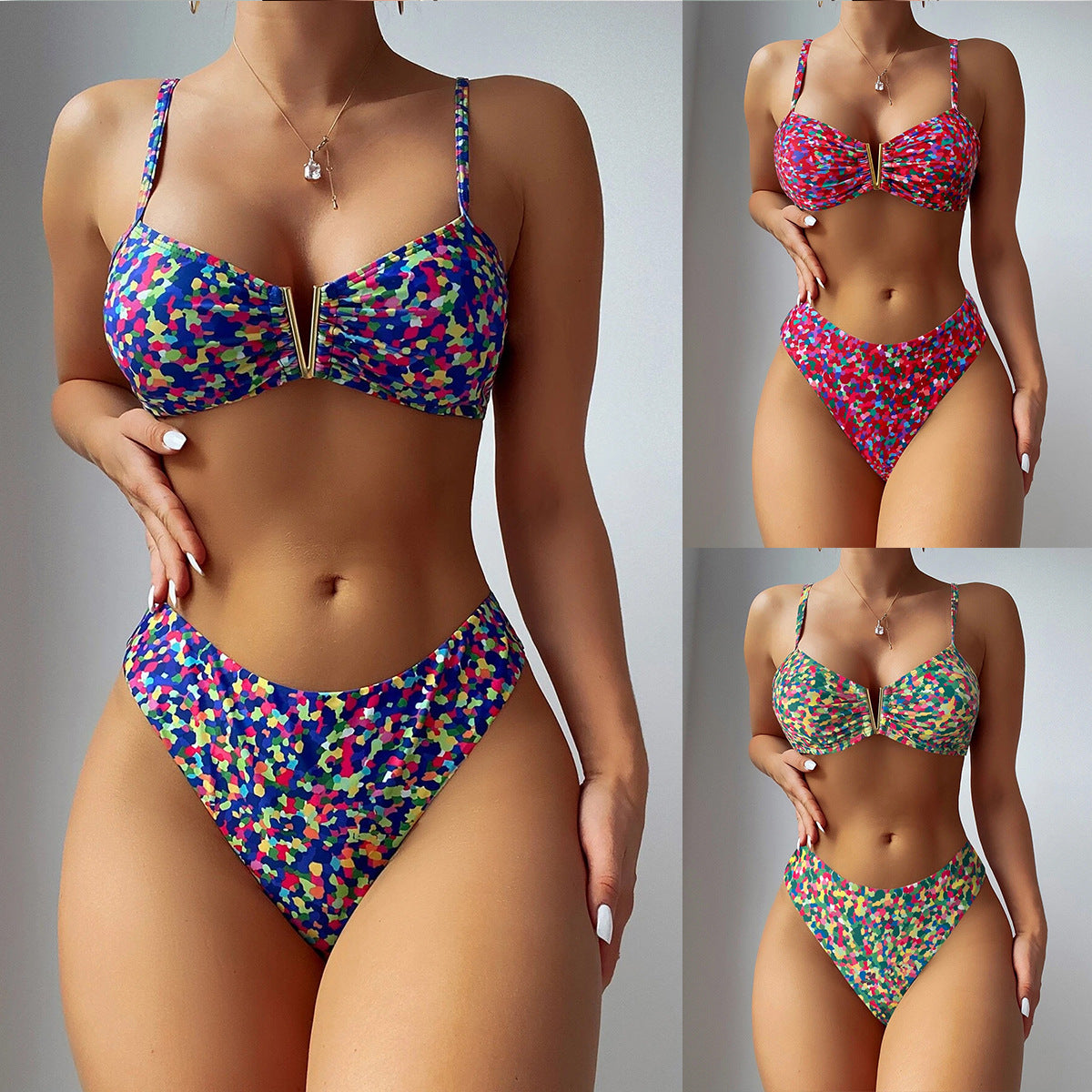 Swimsuit Women Split Two Piece Suit Printed Metal U Shaped Bikini Bikini Bikini Swimsuit