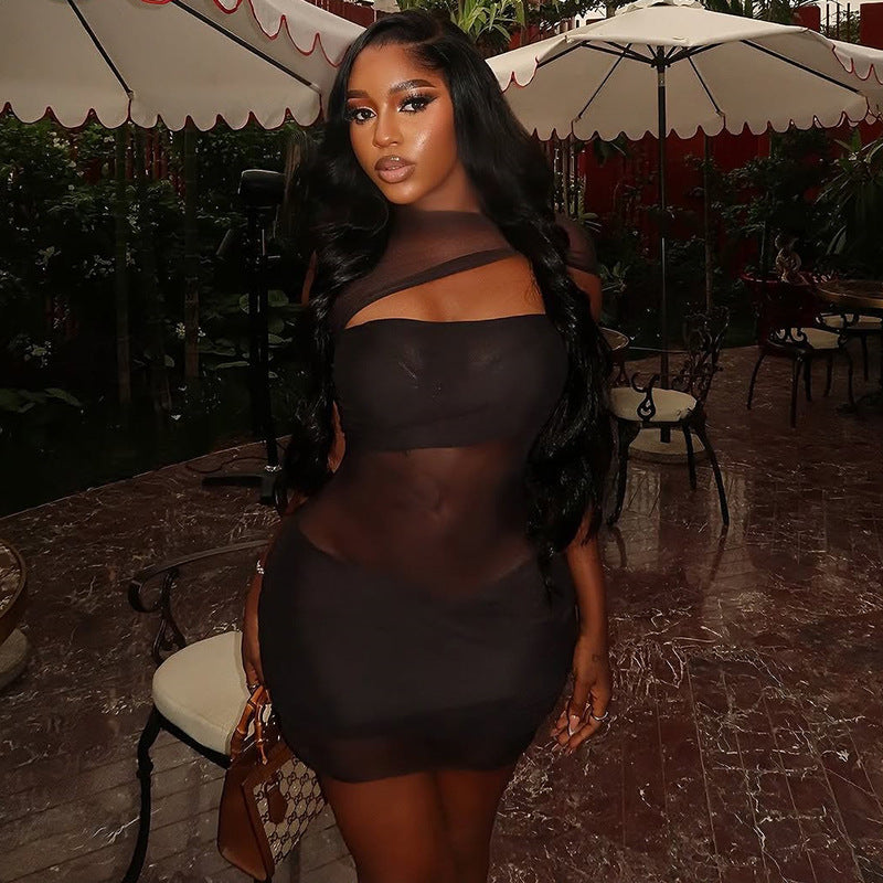 Personality Hipster Women Clothing Sexy See through Slim Hip Skirt Hollow Out Cutout High Collar Solid Color Short Dress