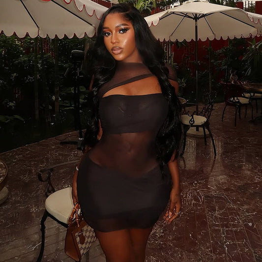 Personality Hipster Women Clothing Sexy See through Slim Hip Skirt Hollow Out Cutout High Collar Solid Color Short Dress