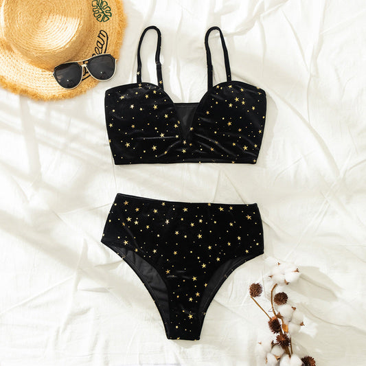 Swimsuit Women Summer Split High Waist Velvet Star Black Spring Swimsuit