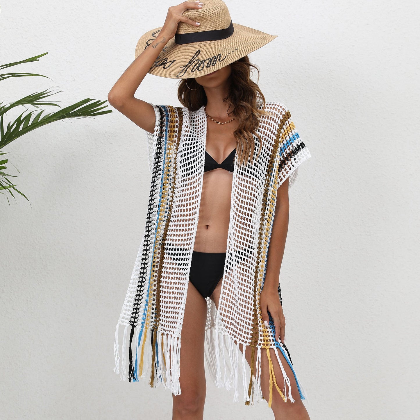 Beach Cover up Women Clothing Loose Woven Shirt Color Contrast Patchwork Tassel Beach Cover Up Cardigan