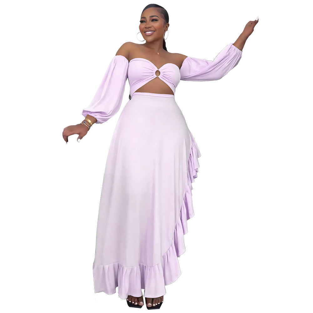 Bandeau Sexy Exposed Cropped Irregular Asymmetric Ruffled Slit Formal Dress Women Dress