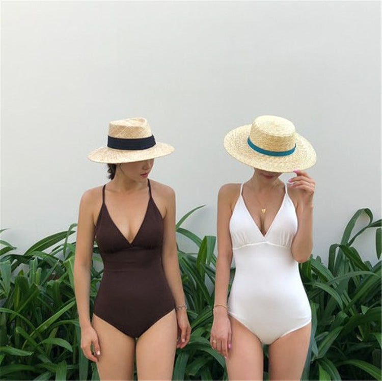 One Piece Swimsuit Solid Color Conservative Cover Belly Thin Swimsuit Women Halter Bikini Women