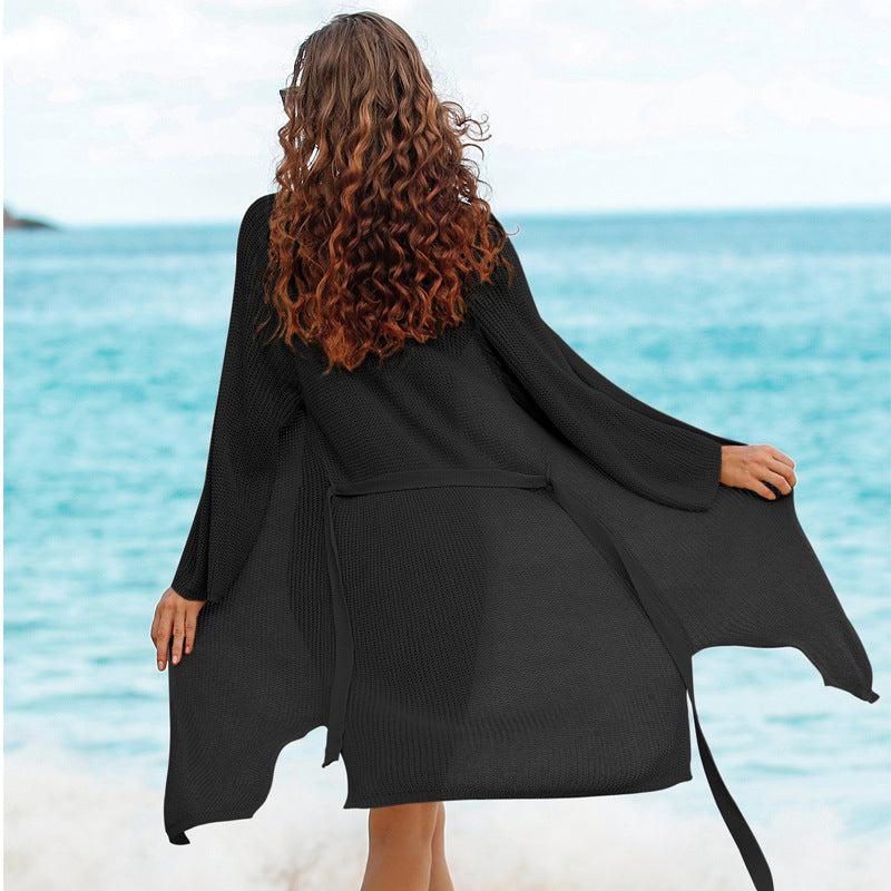 Swimwear Cover up Sun Protection Clothing Sexy Cardigan Mid Length Knitted Outerwear Beach Beach Cover Up