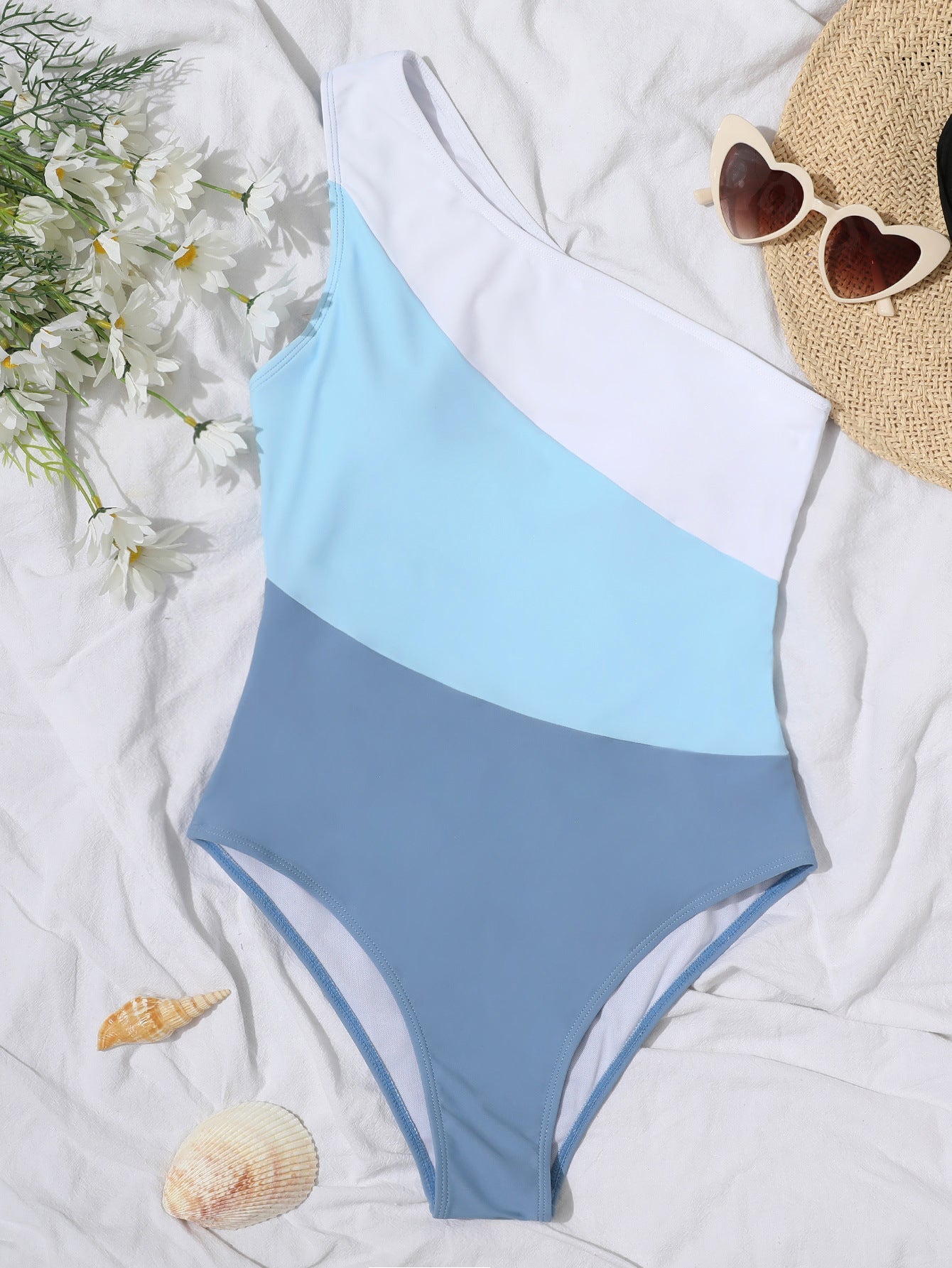 One-Shoulder Color Matching Sexy High Waist One-Piece Bikini Swimsuit Swimwear Women