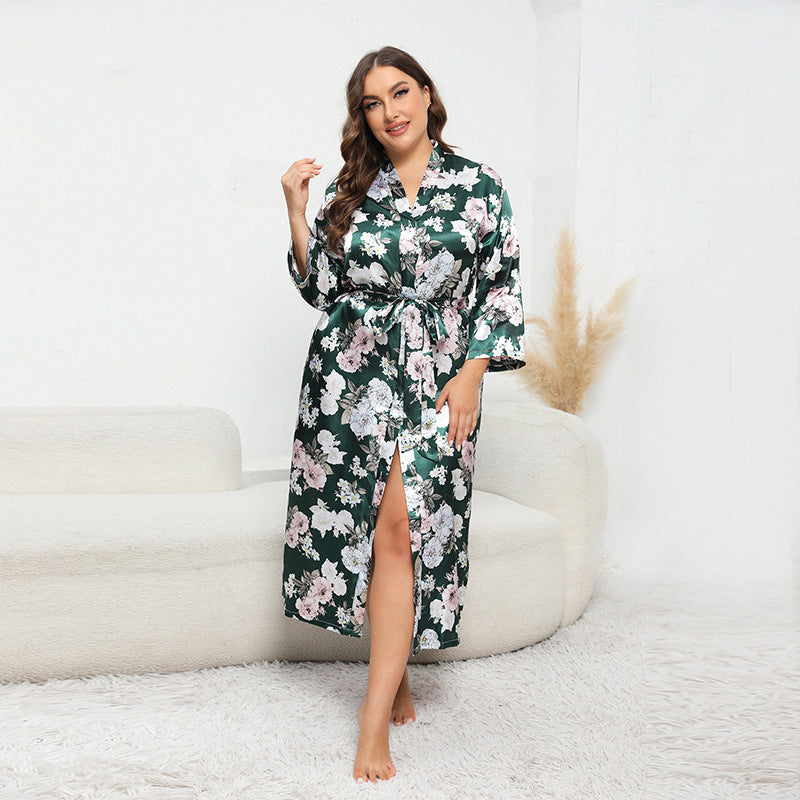 Plus Size Women Artificial Silk Satin Long Sleeved Pajamas Plump Girls Wearable Home