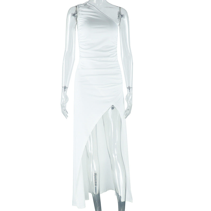 Women Clothing Solid Color Dress Diagonal Collar Open Shoulder Sleeveless Split Maxi Dress