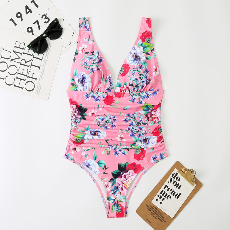 One Piece Women Triangle High Waist Multi Color Printed Swimsuit Domestic Conservative Swimsuit Swimwear