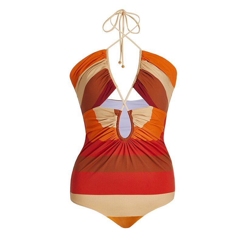 One Piece Bandage Swimsuit Women Tight Vintage Stripe Spring Swimsuit Chiffon Skirt Set