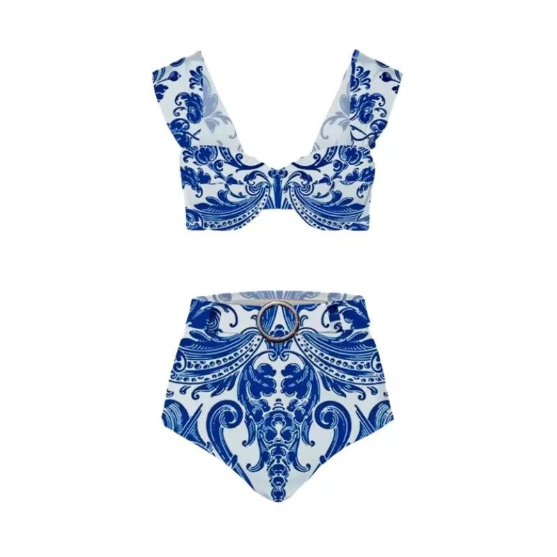 Lonkey Women Swimsuit Blue White Porcelain Printed Three Piece Split Swimsuit Women