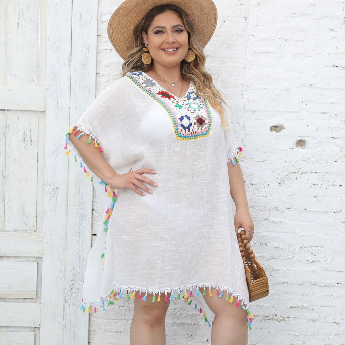 Beach Dress for Ladies Vacation Sun Protection Crochet Stitching Dress Split V neck Blouse