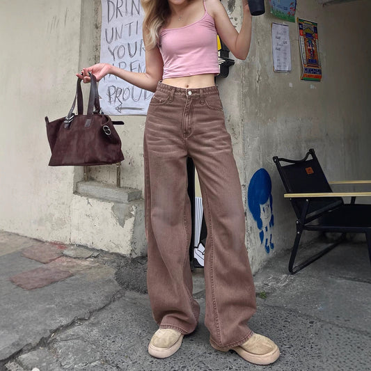 Non Elastic Wide Leg Three Dimensional Cat Beard Denim Candy Color Brown Colored Trousers