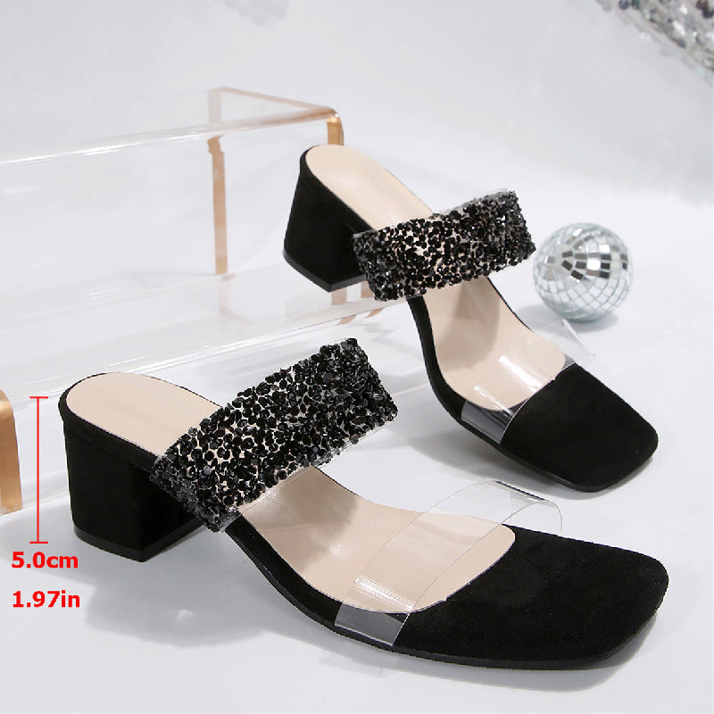 One Strap Mid Heel Slippers Women Chunky Heel Square Toe Rhinestone Chunky Heel Sandals