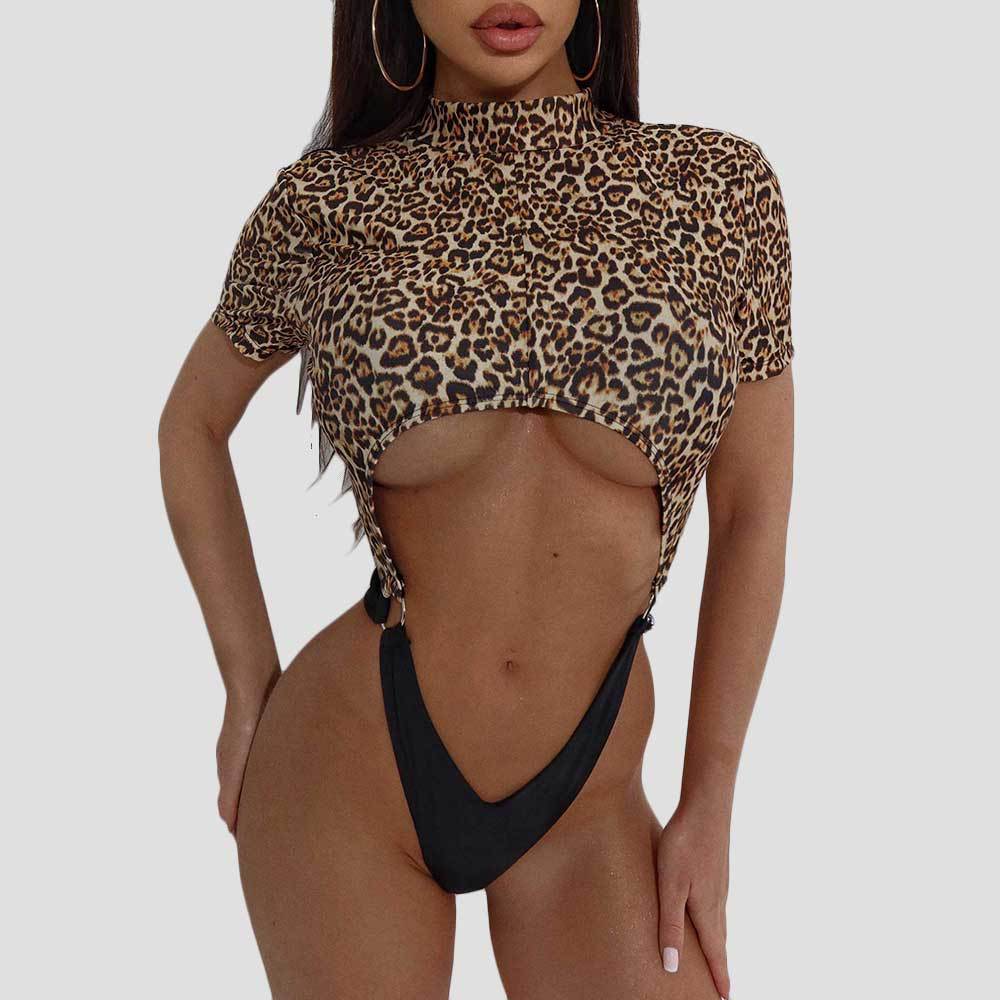 Popular One Piece Swimsuit Women Leopard Print Color Matching Sexy Backless Siamese Bikini