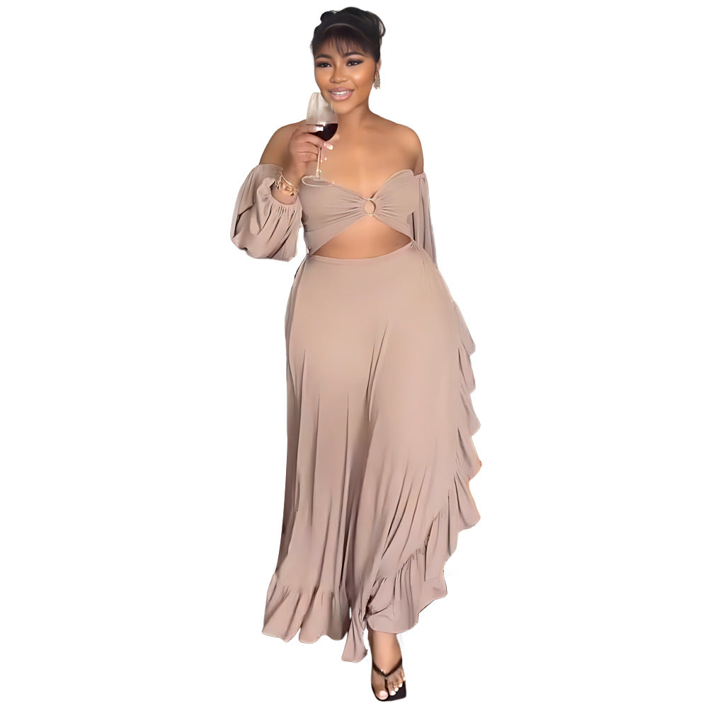 Bandeau Sexy Exposed Cropped Irregular Asymmetric Ruffled Slit Formal Dress Women Dress