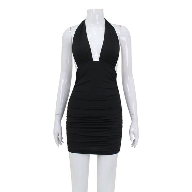 Women Sexy V neck Halter Backless Dress Elegant Pure Sexy Hip