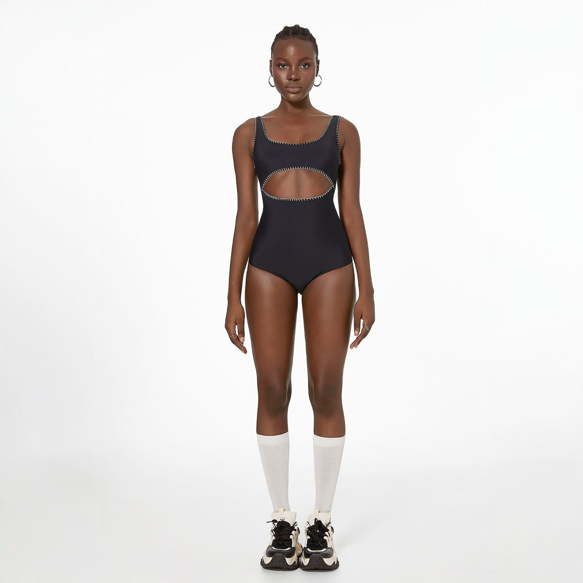 Retro Hook One Piece Swimsuit Women Simple Black Spring Beach Vacation Swimsuit