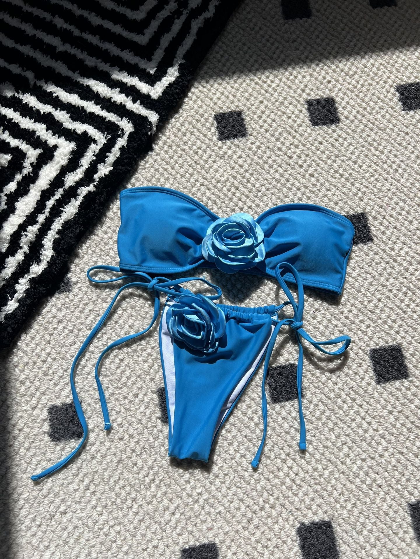 Solid Color Rose Tube Top Drawstring Strap Split Swimsuit Bikini