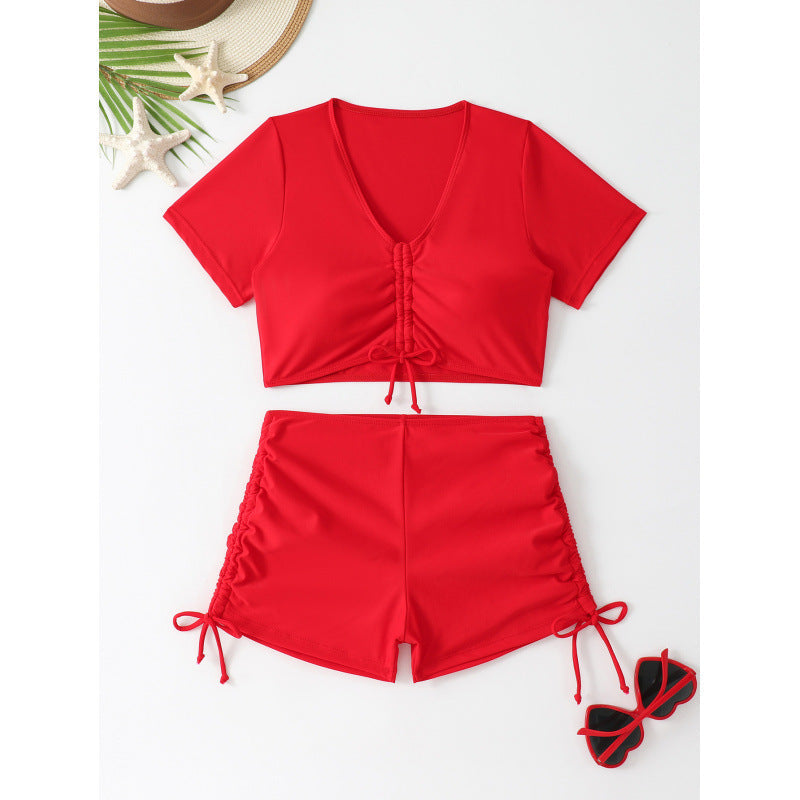 Swimsuit Women Sexy Boxer Short Sleeve Conservative Split Bikini Swimsuit Bikini