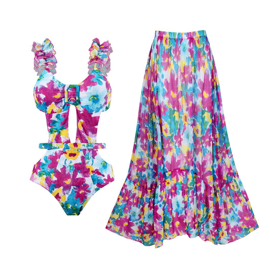 Siamese Conservative Swimsuit Printing Hollow Out Cutout Mesh Wrap Skirt Set Swimsuit