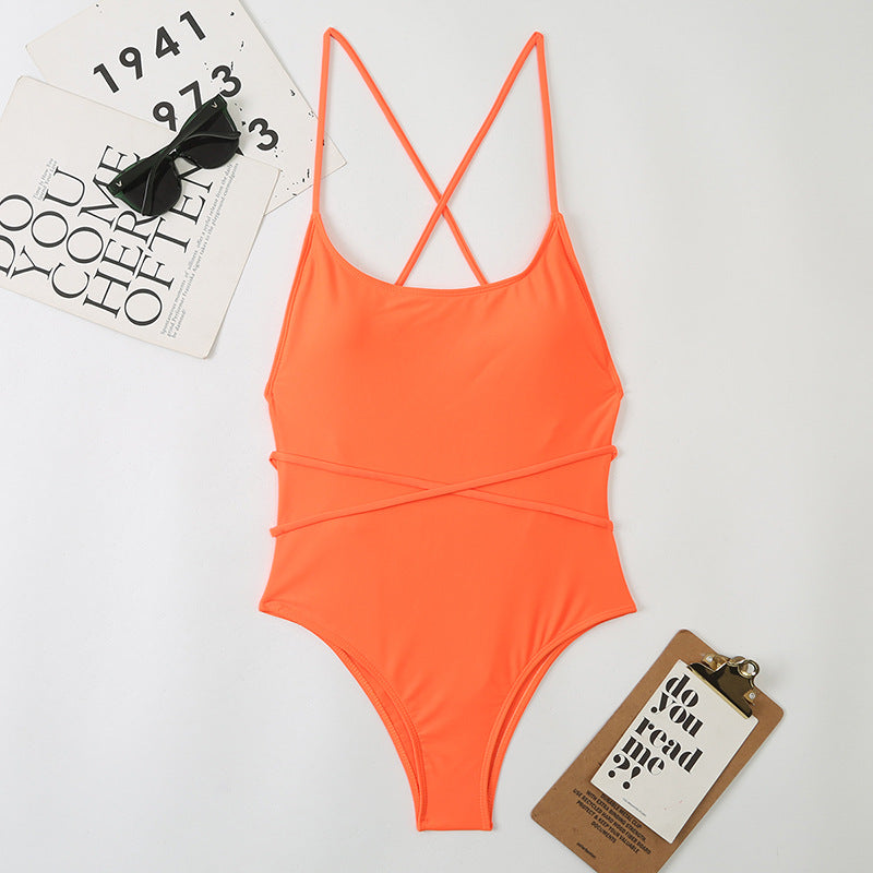 Sexy One Piece Nylon Multicolor Bikini Solid Color Tied Open Back Swimsuit Swimsuit