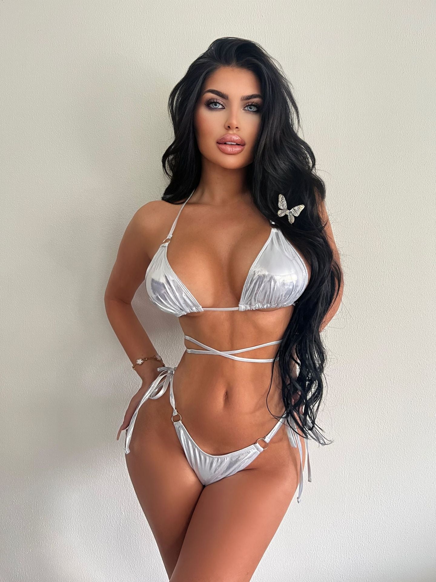 Bikini Bronzing Solid Color Tied Split Swimsuit Women Backless Lace up Bikini