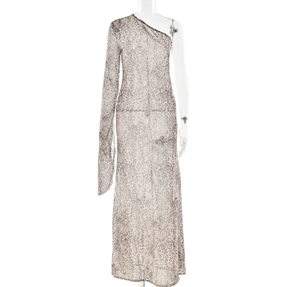 Summer Leopard Print Dress Sexy See through Shoulder Single Sleeve Slim Fit Sexy Dress