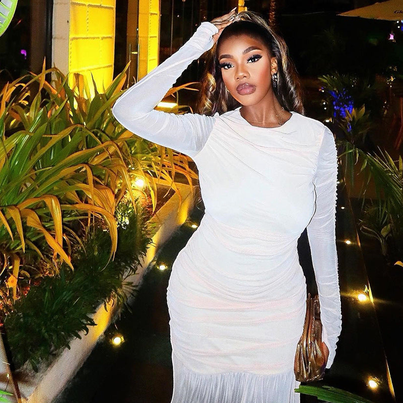 Women Clothing Solid Color Dress round Neck Long Sleeve Mesh Stitching Casual Dress