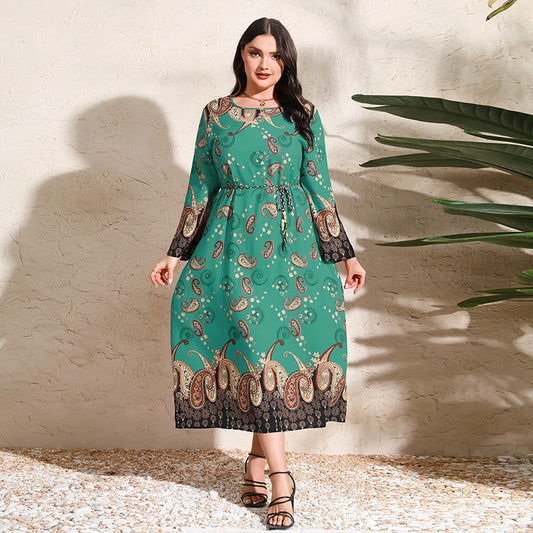 Plus Size Ethnic Loose Maxi Dress Cashew Printed Long Sleeve Dress