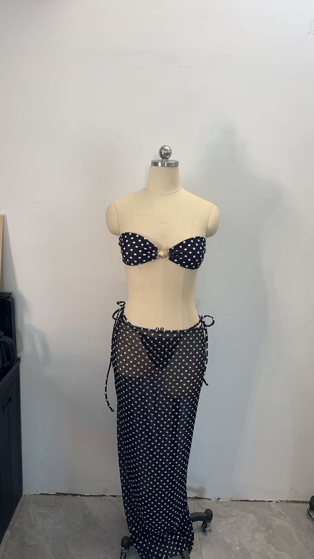 Tube Top Bikini Push up Sexy Polka Dot Maxi Dress Three Piece Bikini Swimsuit Women