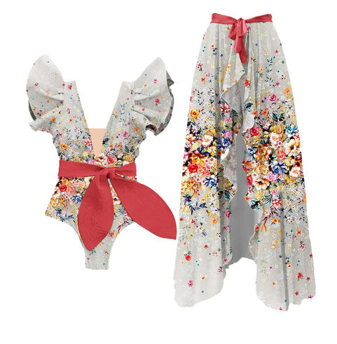 Bow Printing One Piece Women Swimwear French Retro Cover Belly Slimming Swimsuit