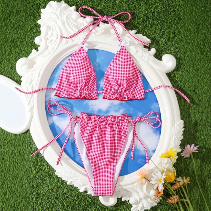 Sweet Sexy Bow Floral Plaid Split Vacation Swimsuit Women Bikini