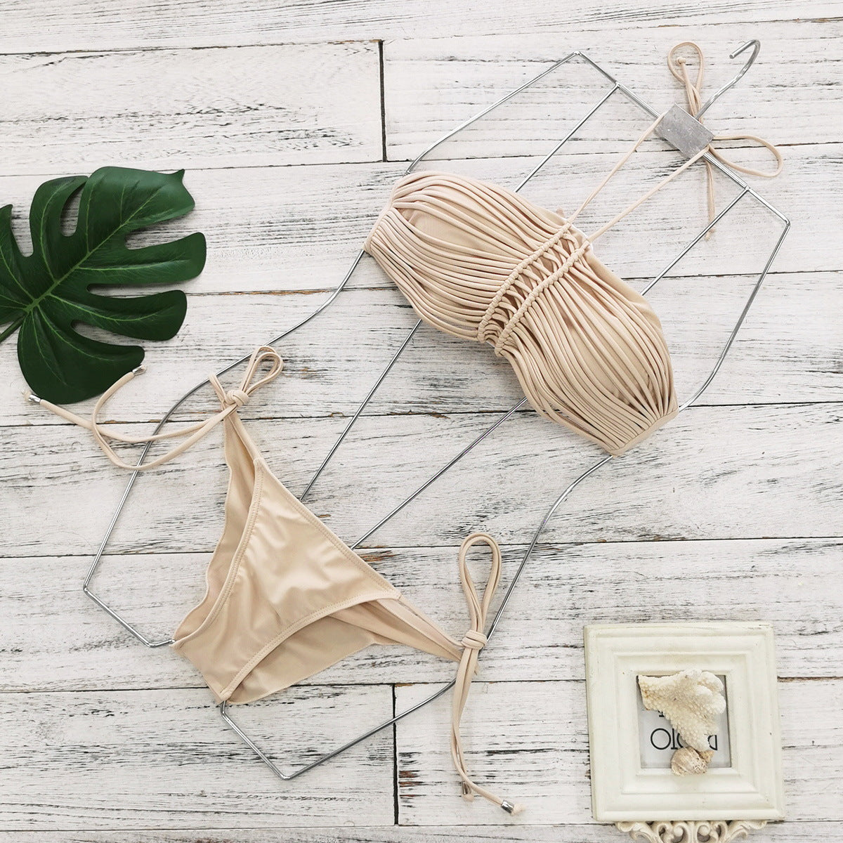 Solid Color Tube Top Strap Pleating Bikini Sexy Split Swimsuit Women