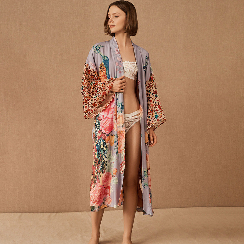 Peacock Positioning Printed Sunscreen Cardigan Seaside Vacation Baggy Coat Beach Cover Up Swimsuit Outwear Women