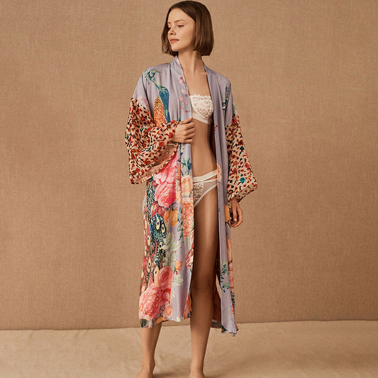 Peacock Positioning Printed Sunscreen Cardigan Seaside Vacation Baggy Coat Beach Cover Up Swimsuit Outwear Women