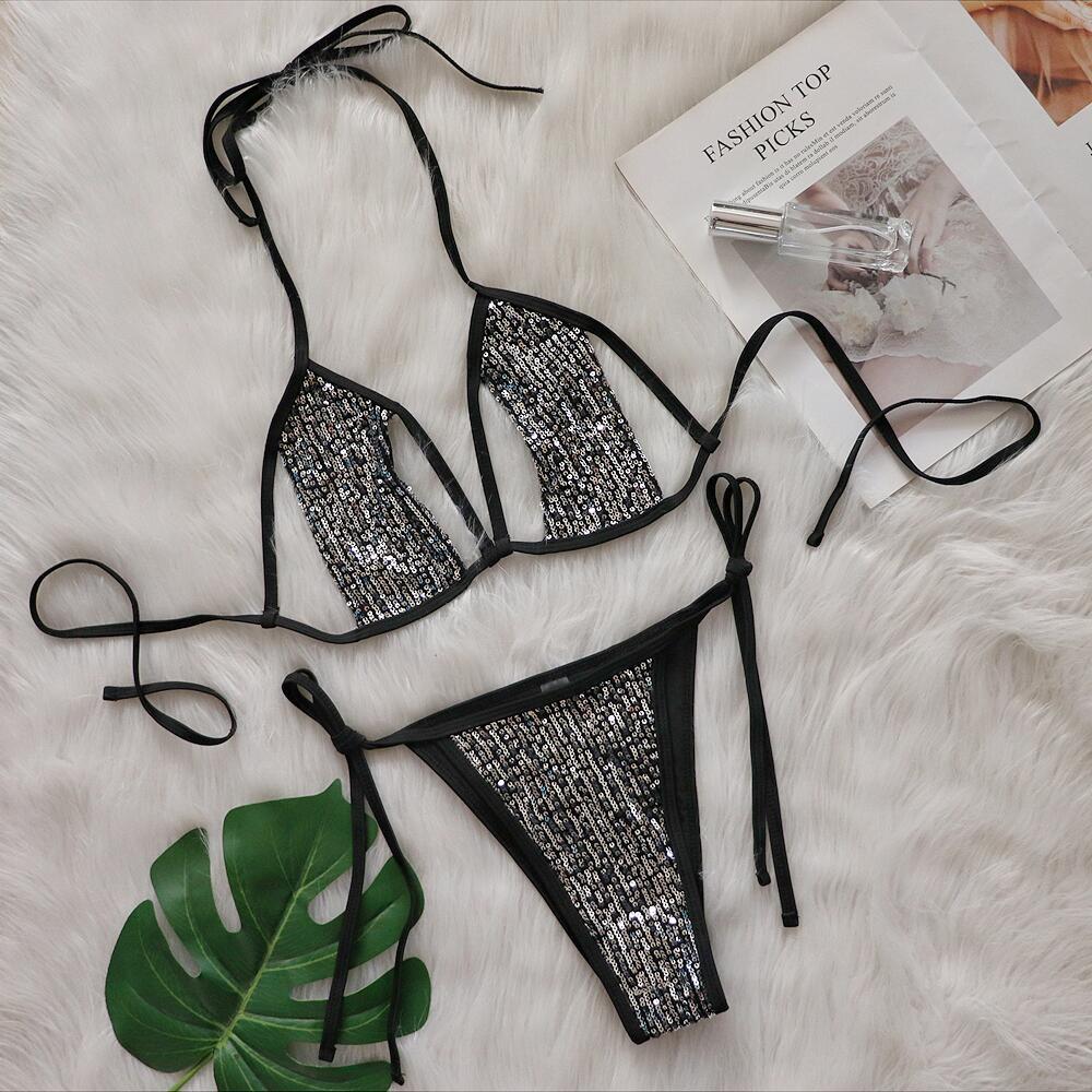 Bikini Sexy Split Sequined Swimsuit Women Lace-up Cutout Beach Swimsuit
