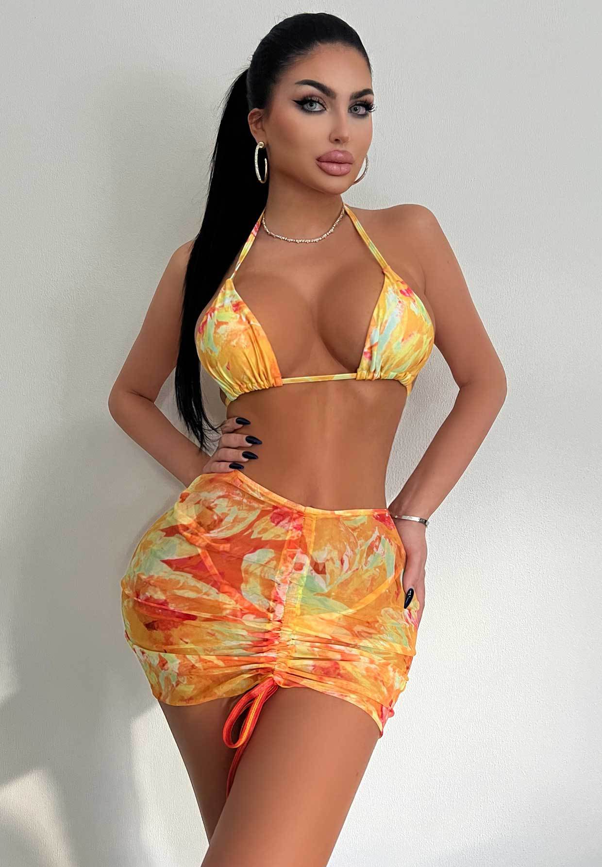 Swimsuit Three Piece Set Printed Sexy Lace Up Bikini Hip Skirt Bikini Swimsuit