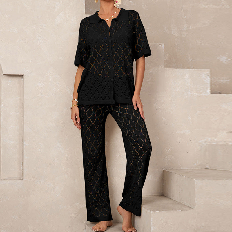 Beach Short Sleeved Shirt Trousers Hollow Out Cutout out See through Casual Knitted Vacation Elegant Sun Protective Blouse Two Piece Sets