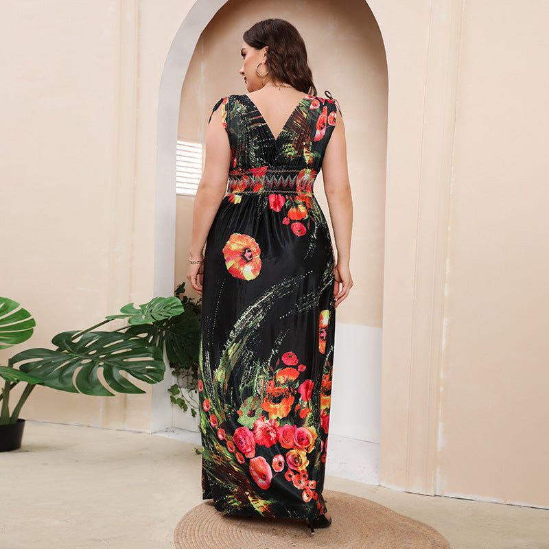 Plus Size Girls Ice Silk Printed Dress Bohemian plus-Sized V neck Maxi Dress