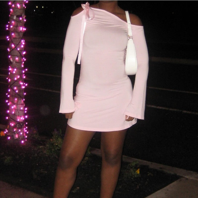 Spring Solid Color Diagonal Collar Lace Up Off Shoulder Long Sleeve Slim High Waist Dress