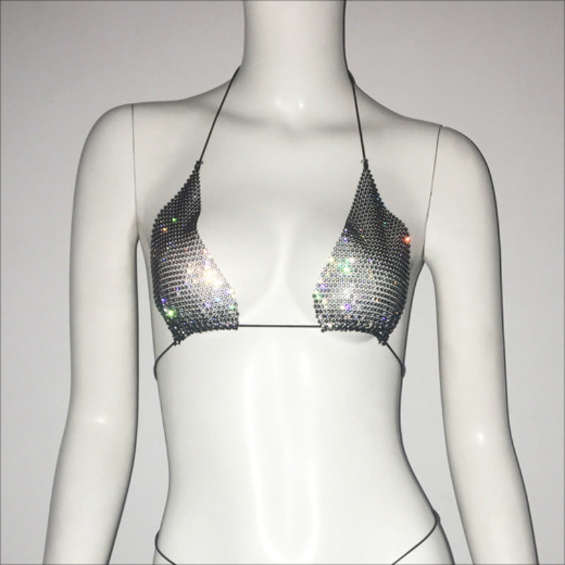 Women Clothing Rhinestone Bikini Set Carnival Sexy Lace Up Outdoor Beach Split Swimsuit