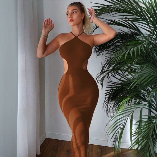 Spring Summer Women Clothing Sexy Backless Lace up Halter Sheath Slim Dress