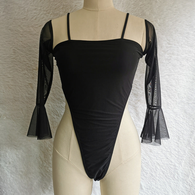 Leopard Print Mesh One-Piece Swimsuit Sleeved Swimwear New Sexy Bikini