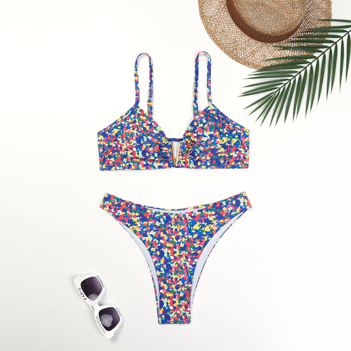 Swimsuit Women Split Two Piece Suit Printed Metal U Shaped Bikini Bikini Bikini Swimsuit