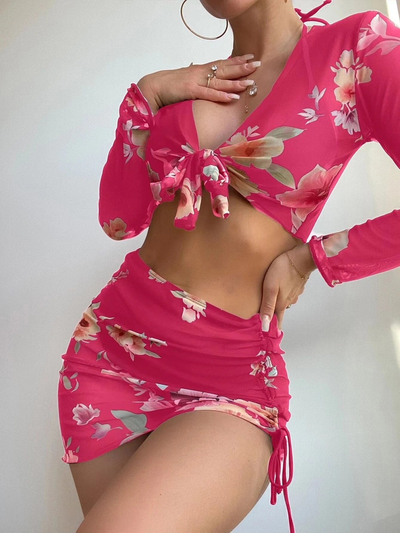 Swimsuit Women Split Three Or Four Piece Suit Printed Drawstring Lace Long Sleeve Internet Celebrity Suit