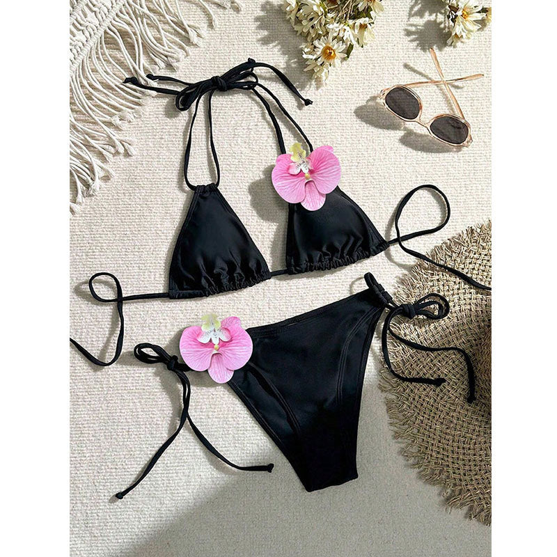 Bikini Bikini Lady Sexy Lace up Three Point Floral Split Swimsuit